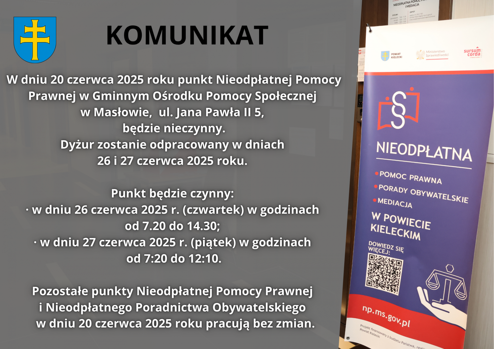 20 czerwca Punkt Nieodpłatnej Pomocy Prawnej w Masłowie będzie nieczynny